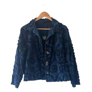 Produce Company Navy Blue Textured Jacket Coat Button Lagenlook Cotton Medium